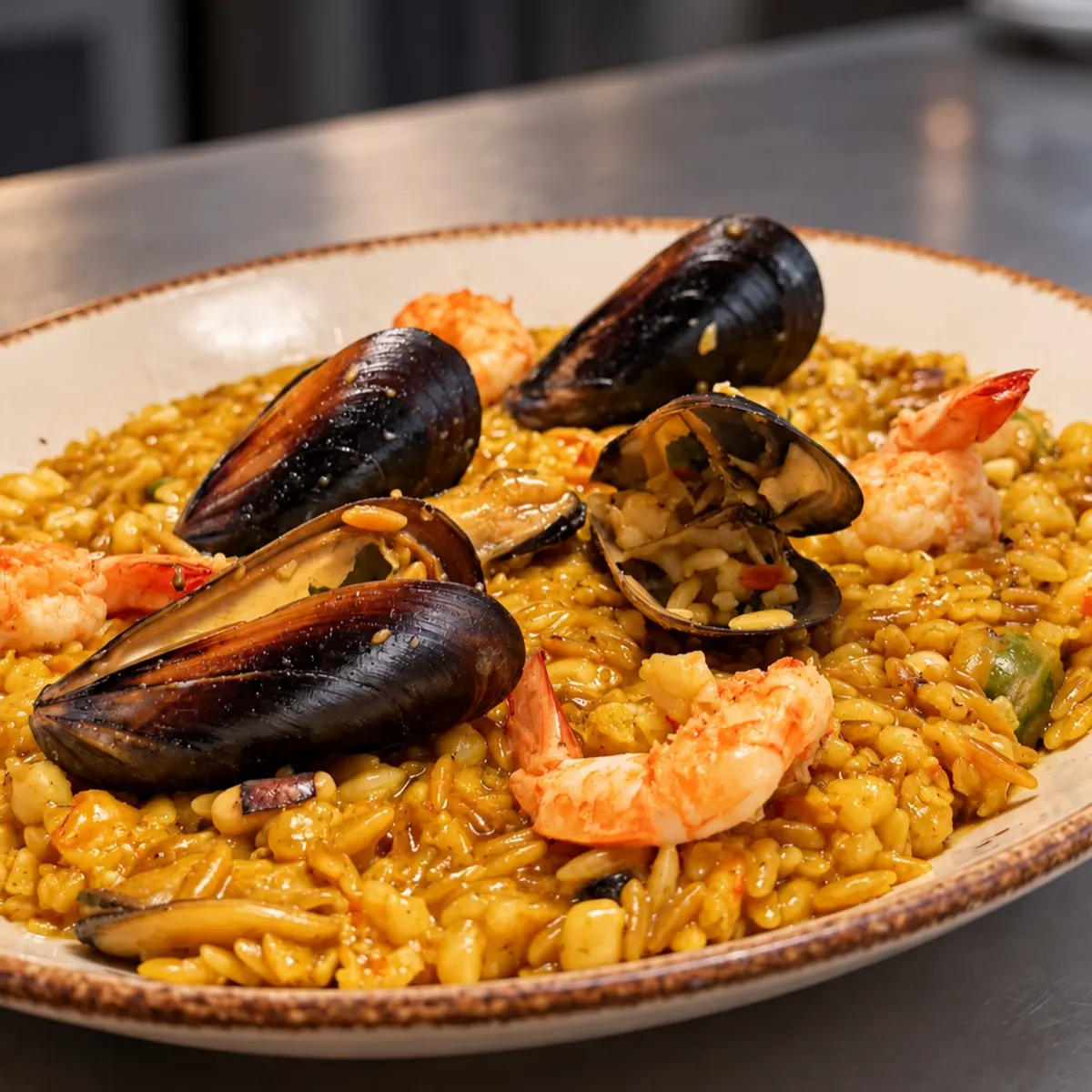 Midye ve karidesli paella tabağı