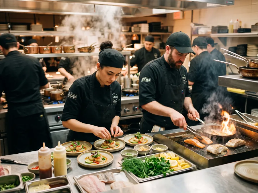 The kitchen team preparing service at Ayana